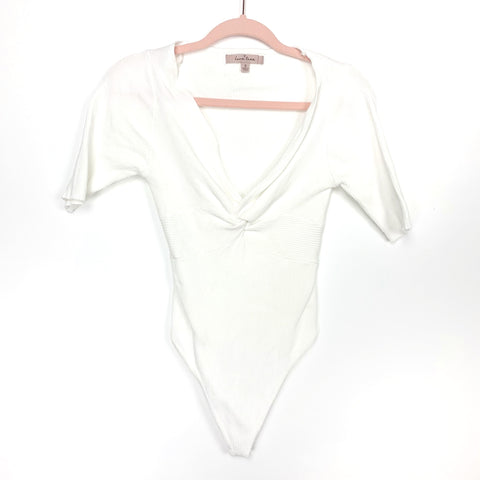 Love Tree White Ribbed Knit Front Twist Half Sleeve Thong Bodysuit- Size S (sold out online)