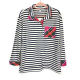 Crown & Ivy Ivory/Navy Striped with Plaid Pocket and Details Button Sweatshirt NWT- Size S