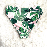 Birdsong Pink Palm Print Ruched High Waisted Bikini Bottoms NWOT- Size L (BOTTOMS ONLY)