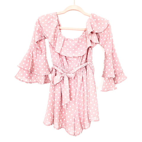Favlux Light Pink Polka Dot Off The Shoulder Ruffle Bell Sleeve Romper (NWT) - Size S