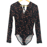 BCBGeneration Black Floral Deep V Open Tie Back Bodysuit- Size XS