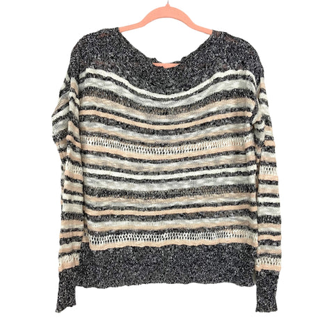 Cozy Casual Black/White/Peach Boat Neck Open Knit Sweater NWT- Size S/M