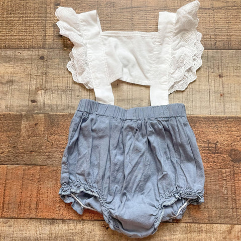 No Brand White and Blue Front Cutout Romper- Size ~3-6M (see notes)