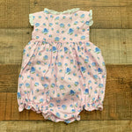 C&L Pink and Blue Floral Print Embroidered "HHM" Bubble Romper- Size 3M