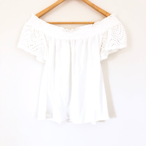 Express Eyelet Off The Shoulder White Top- Size M