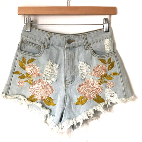 36 Point 5 Embroidered Light Wash Cut Off Shorts- Size S