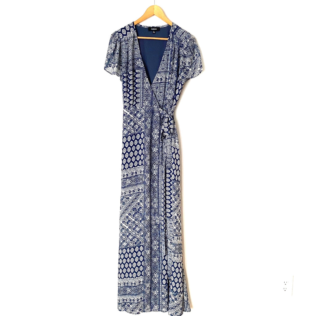 aakaa blue dress AAKAA Women's/Junior's Blue Floral Maxi Dress SZ S On/Off Shoulder Slit