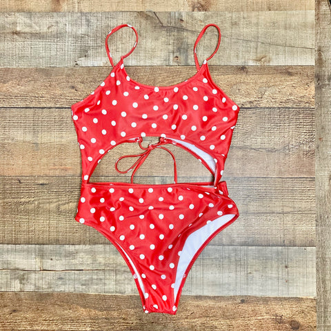 No Brand Red with White Polka Dots Front and Back Cut Outs Padded One Piece- Size XL