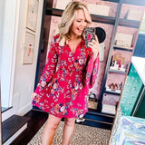Pink Lily Berry Floral Dress with Ruffle Bell Sleeves NWT- Size S