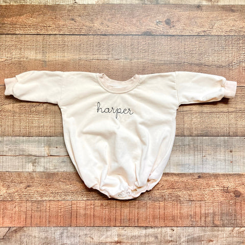 Maxwell Monograms Cream Harper Long Sleeve Onesie- Size 12-18M