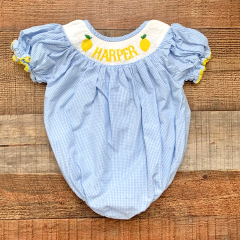 Poppy Kids Co. Blue Gingham Lemon Smocked Harper Embroidered Bubble Romper- Size 3M