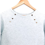 LOFT Grey Ribbed Sweater with Ruffle Hem and Gold Buttons - Size XS