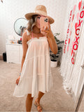 Umgee White Tiered with Raw Hem and Tassel Tie Straps Babydoll Dress- Size S