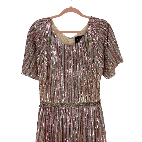 Mac Duggal Rose Gold/Pink Sequins Butterfly Sleeve Gown with Train- Si The Saved Collection Mac Duggal Rose Gold/Pink Sequins Butterfly Sleeve Gown with Train- Si The Saved Collection