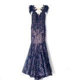 Mac Duggal Black High Neck Feather Embellished Cap Sleeve Mermaid Gown NWT- Size 4