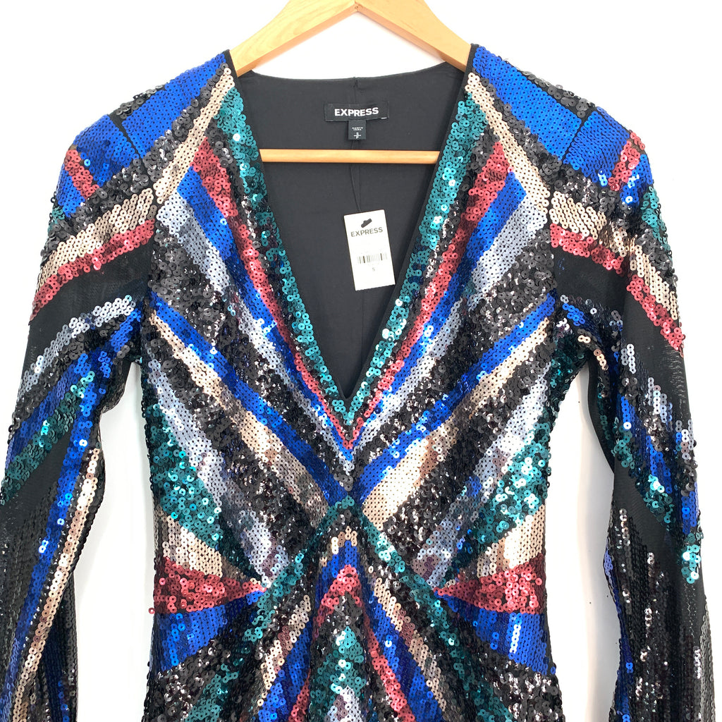 Long Sleeve Rainbow Sequin Dress Express Long Sleeve Deep V Full Sequin Dress NWT- Size S Long Sleeve Rainbow Sequin Dress Express Long Sleeve Deep V Full Sequin Dress NWT- Size S