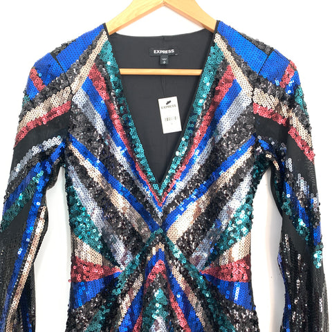 express sequin dress long sleeve NWT Express Sequin Long Sleeve Shift Dress XS - Black