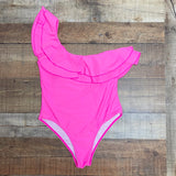 Pink Lily Hot Pink Ruffle One Shoulder Padded One Piece- Size L (sold out online, see notes)