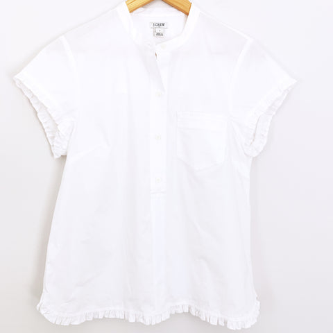 J Crew White 3/4 Button Up Ruffle Sleeve/Hem Top- Size S