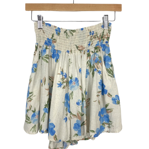Final Touch Linen/Blue/Tan Floral Print Smocked Waist Shorts- Size S