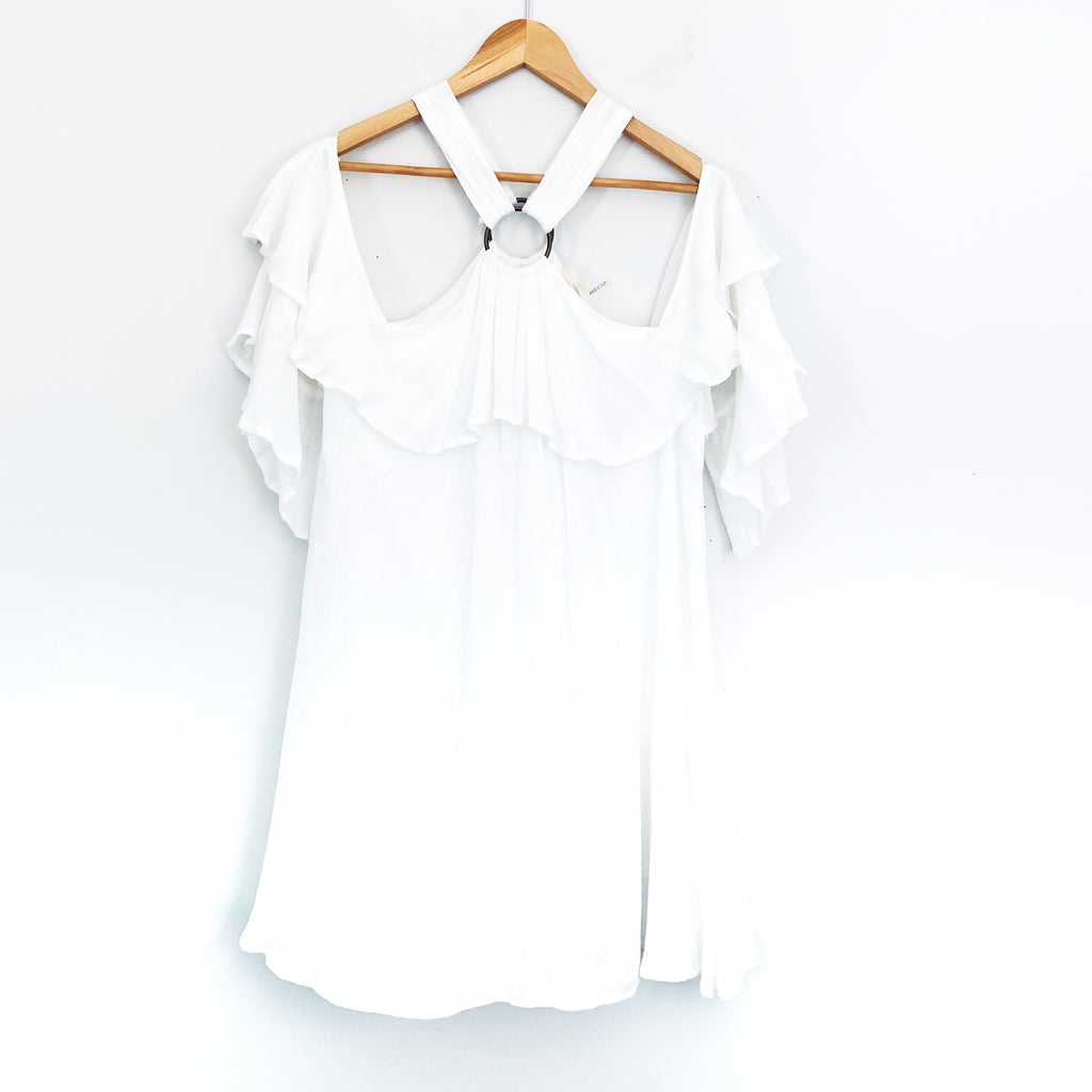 white cold shoulder dress Entro White Cold Shoulder Ruffle Sleeve Dress- Size S – The Saved Collection