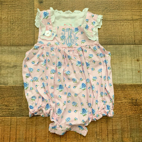 C&L Pink and Blue Floral Print Embroidered "HHM" Bubble Romper- Size 3M