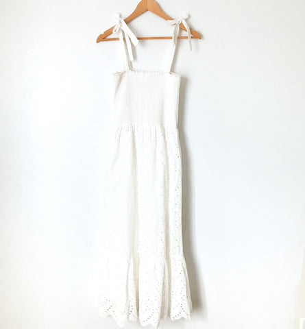 Everly White Cotton Eyelet Sundress, Fitted Top With Tie Straps- Size S