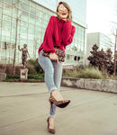 Blue Blush Red Cable Knit Pom Pom with Open Knit Detail Mock Neck Sweater- Size S