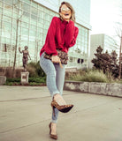 Blue Blush Red Cable Knit Pom Pom with Open Knit Detail Mock Neck Sweater- Size S