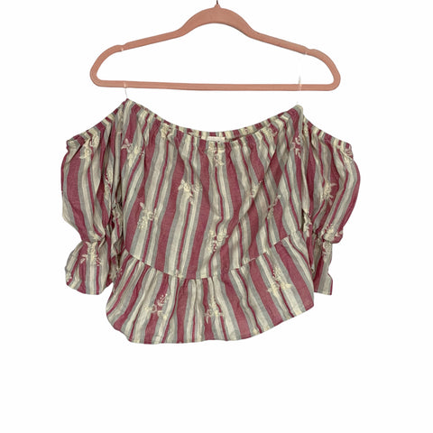 Everly White/Red/Grey Striped Flower Embroider Off The Shoulder Top - Size S