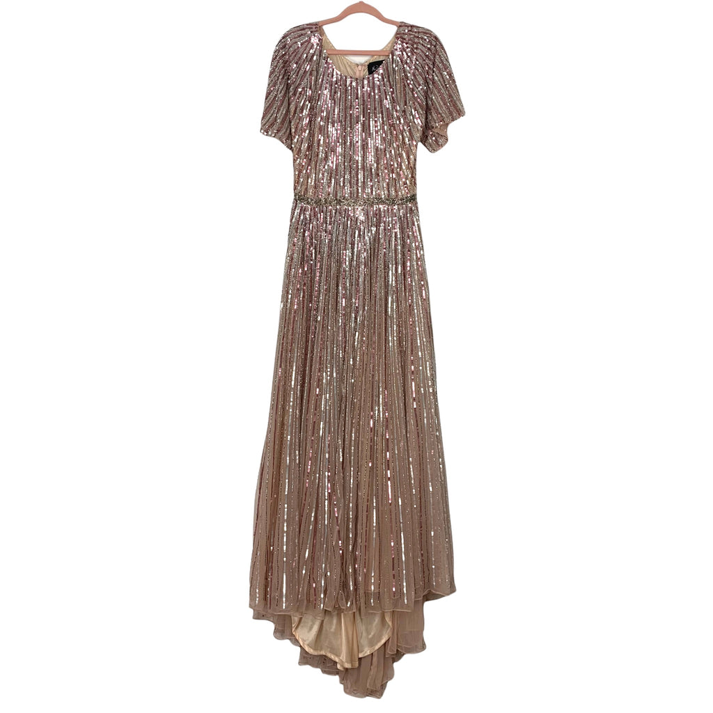 Mac Duggal Rose Gold/Pink Sequins Butterfly Sleeve Gown with Train- Si The Saved Collection Mac Duggal Rose Gold/Pink Sequins Butterfly Sleeve Gown with Train- Si The Saved Collection