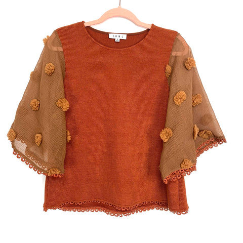 THML Rust Ribbed Sweater Like Top with Sheer 3/4 Bell Sleeves- Size S