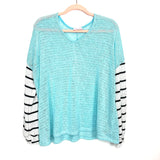Pink Lily Blue With White/Black Stripe Sleeve Top- Size M