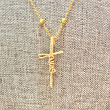 No Brand Gold Bead Chain with Gold CZ Cross Jesus Pendant Necklace