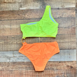 No Brand Neon Orange/Yellow One Shoulder Metal Ring Cut Out Padded One Piece- Size XL