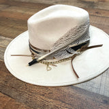 Glitzy Bella Cream Gold Chain/Feather Faux Suede Hat NWT