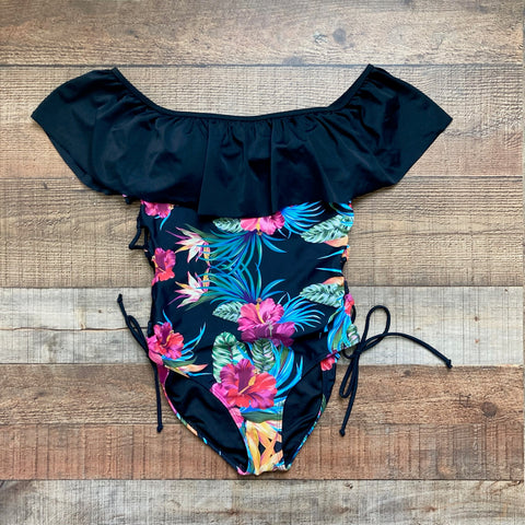 Stylish Swimwear Palm Print Side Tie Ruffle Off the Shoulder Padded One Piece- Size L