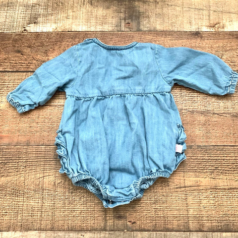 Ruffle Butts Baby Girl Chambray Long Sleeve Romper- Size 0-3M