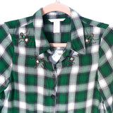 H&M Green Plaid Button Up with Beaded Bug Detail NWT- Size 4