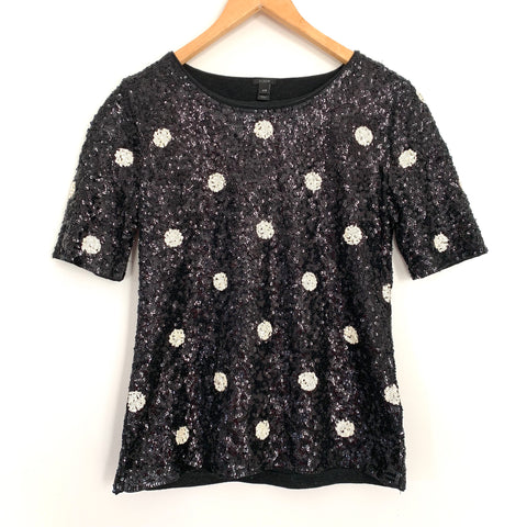 J.Crew Black Sequin Blouse with White Polka Dots- Size XXS