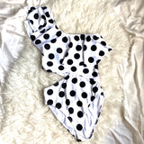 DixPerfect Black & White Polka Dot One Shoulder Cut Out Side One Piece- Size M
