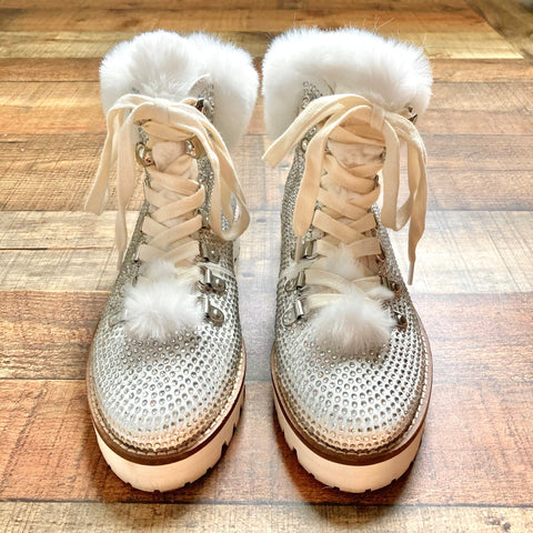 Jessica Simpson White Rhinestone Faux Fur Boots Size 7 see notes The Saved Collection