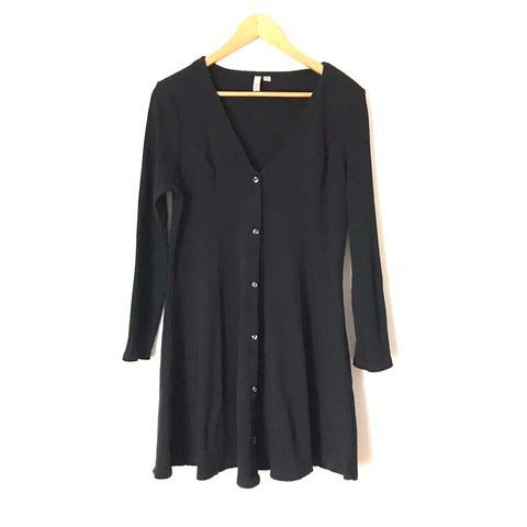 ASOS Black Ribbed Knit Button Down Long Sleeve Dress- Size 12