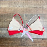 Beach Joy Red/Coral/Peach/Pink Striped Front Tie Padded Bikini Top- Size L (we have matching bottoms)