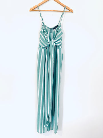 Blue Blush Green/White Striped Tie Front Cropped Jumpsuit with Shorts Lining- Size S