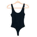 Privacy Please Black Ribbed Scoop Back Thong Bodysuit- Size S