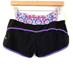 Lululemon Black and Purple Floral Pattern Panel Speed Shorts- Size 4