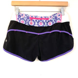 Lululemon Black and Purple Floral Pattern Panel Speed Shorts- Size 4