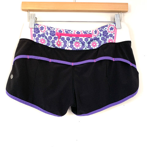 Lululemon Black and Purple Floral Pattern Panel Speed Shorts- Size 4