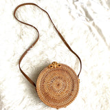 No Brand Round Rattan Leather Strap Bow Closure Crossbody Bag NWT